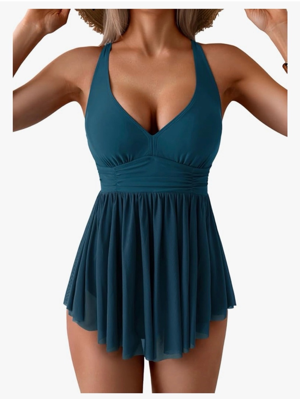 NWT Aidonger One Piece Swim Dress Swimsuit Tummy Control Mesh Tie Back, Sz 2XL